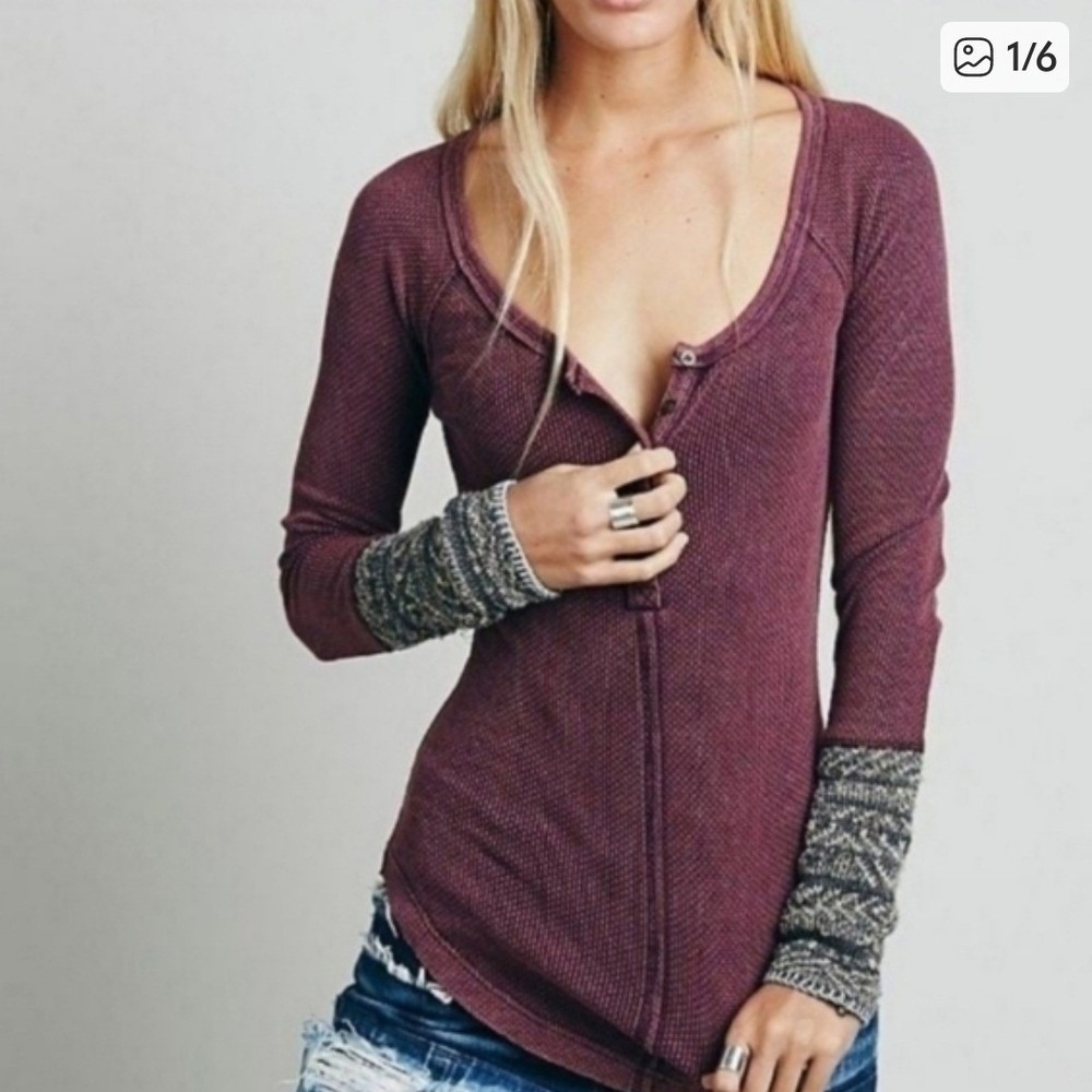 Free People Alpine Cuff Thermal Henley Top Crochet Sleeve XS Waffle Knit Boho